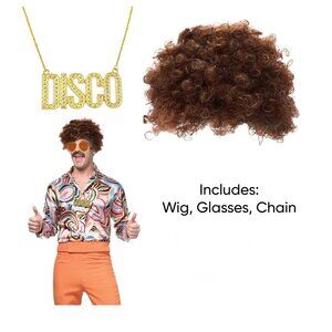 3 Piece Disco Wig, Glasses and Disco Chain